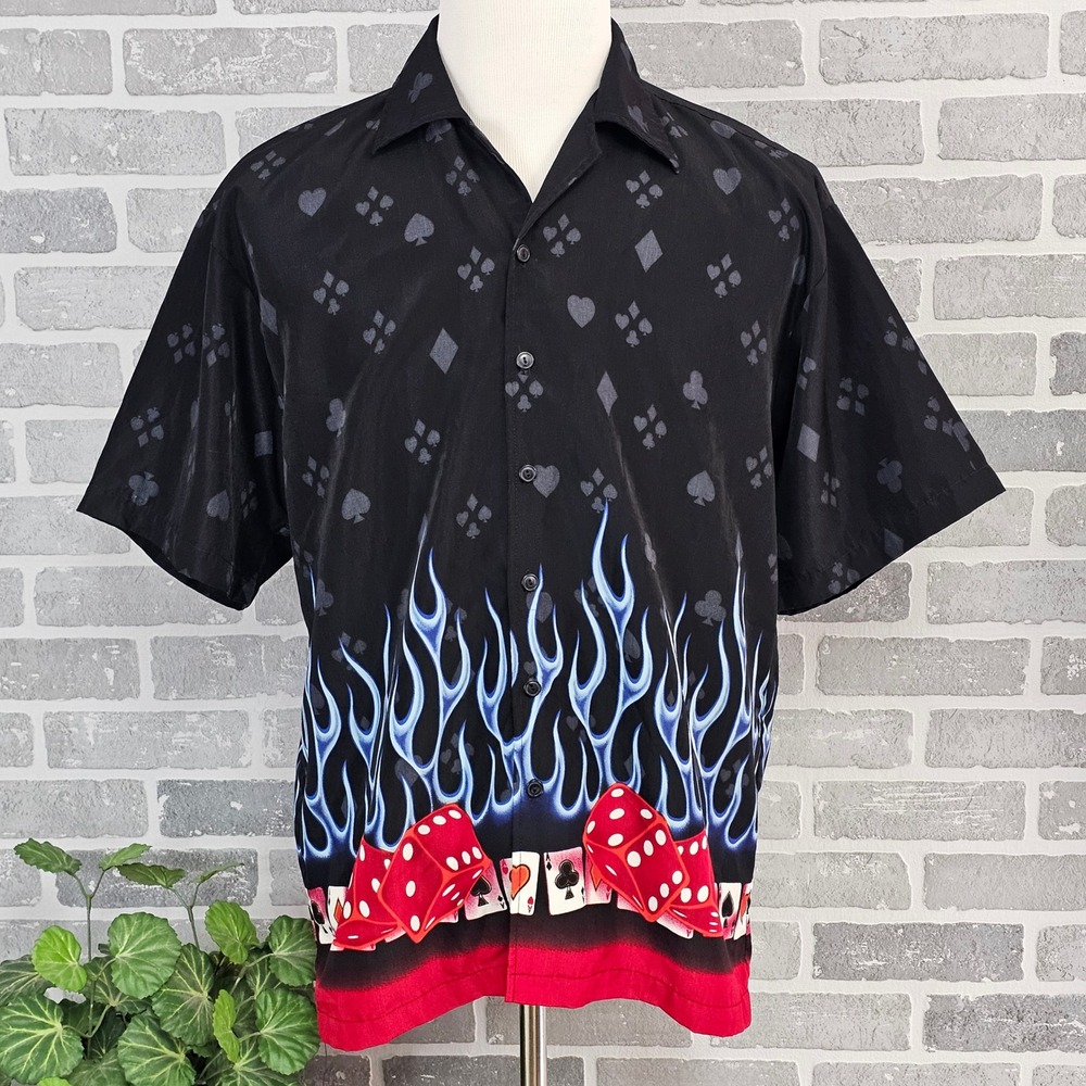 Oscar Misa Camp Shirt Men's Small Casino Dice Poker Flames Button Up‎ VTG 90s